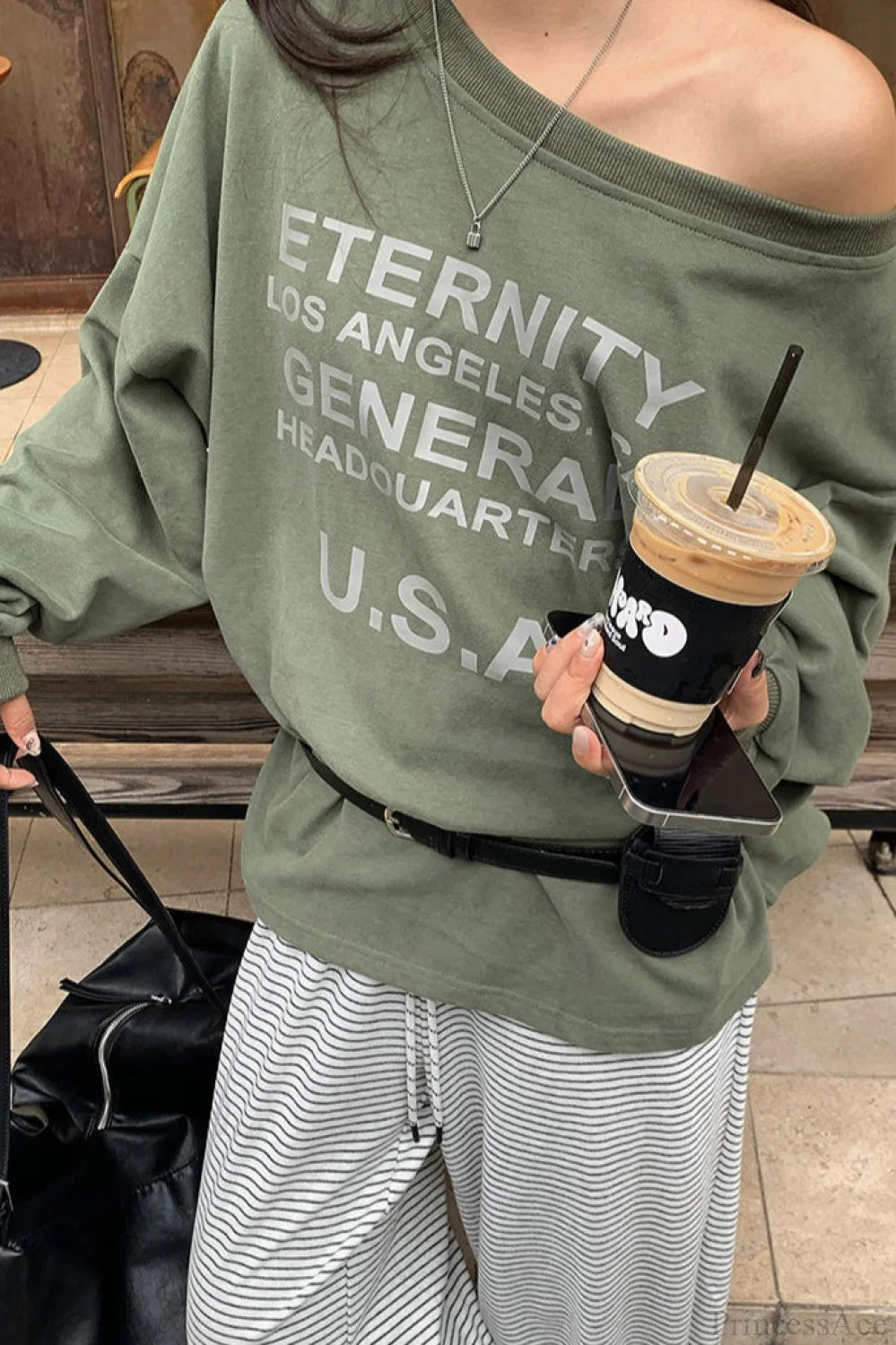 Off-Shoulder Graphic Letter Relaxed Sweatshirt Green / One size