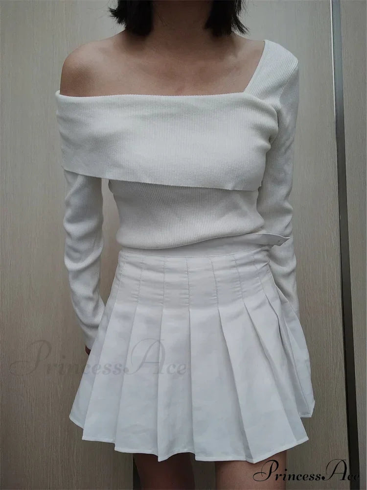 Off Shoulder Irregular Neck Long Sleeve Ribbed Knitted T-Shirts