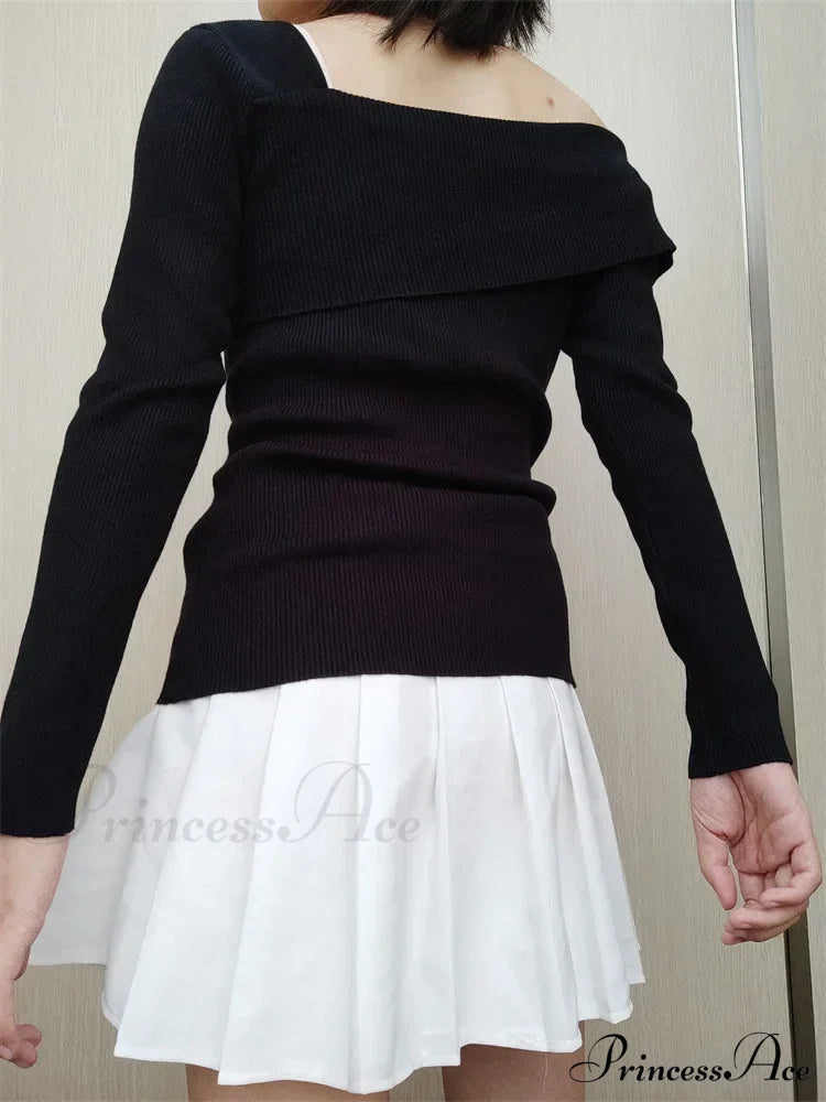 Off Shoulder Irregular Neck Long Sleeve Ribbed Knitted T-Shirts