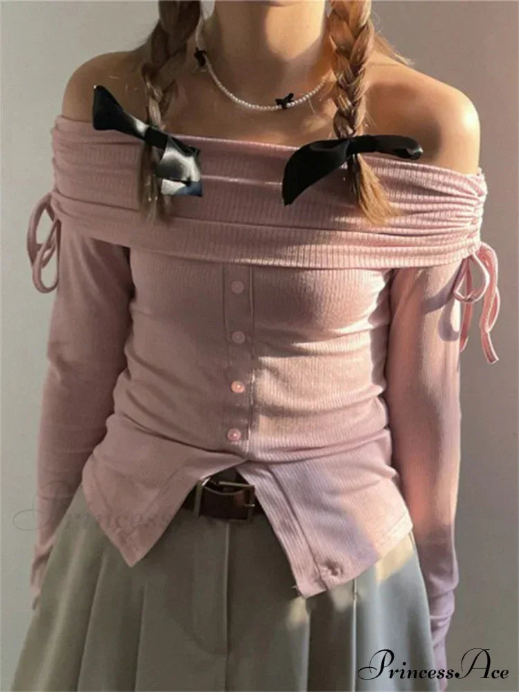 Off Shoulder Knitted Long Sleeve Solid Color Buttoned Front Split T-Shirts Pink / S