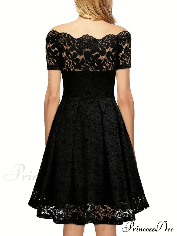 Off Shoulder Lace A-Line Party Dress - Black S / Burgundy Black Lace Party Dress