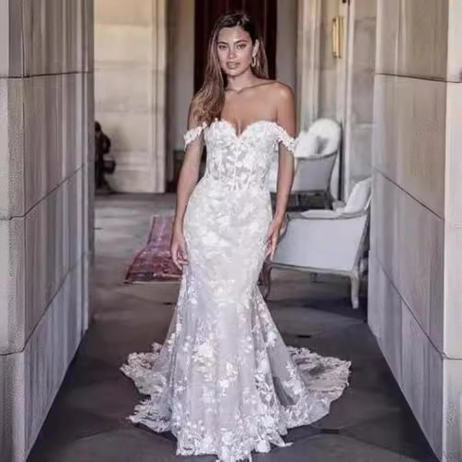 Off-Shoulder Lace Mermaid Bridal Wedding Dress lvory white / 2 weddingdress-250223