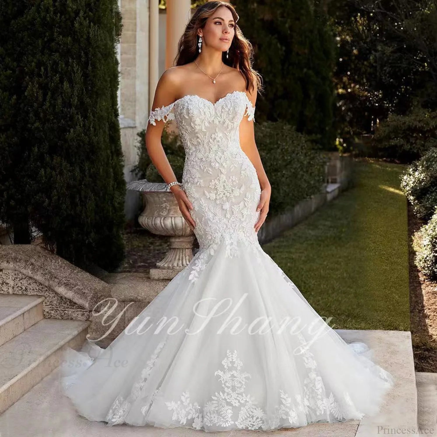 Off-Shoulder Lace Mermaid Bridal Wedding Dress lvory white / 2 weddingdress-250223