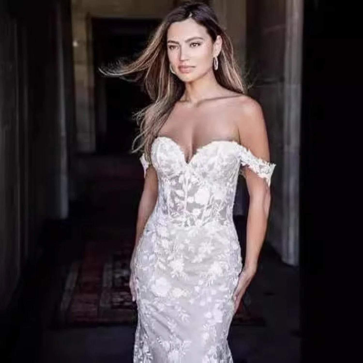 Off-Shoulder Lace Mermaid Bridal Wedding Dress white / 2 weddingdress-250223