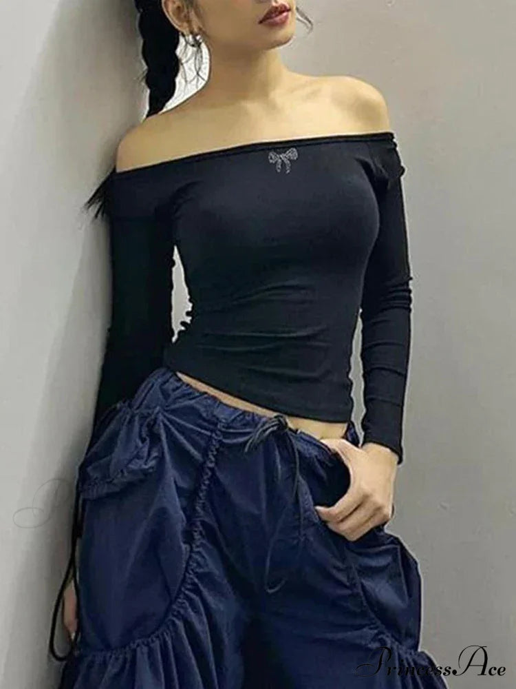 Off-Shoulder Long Sleeve Charming Backless Bow Crop Top