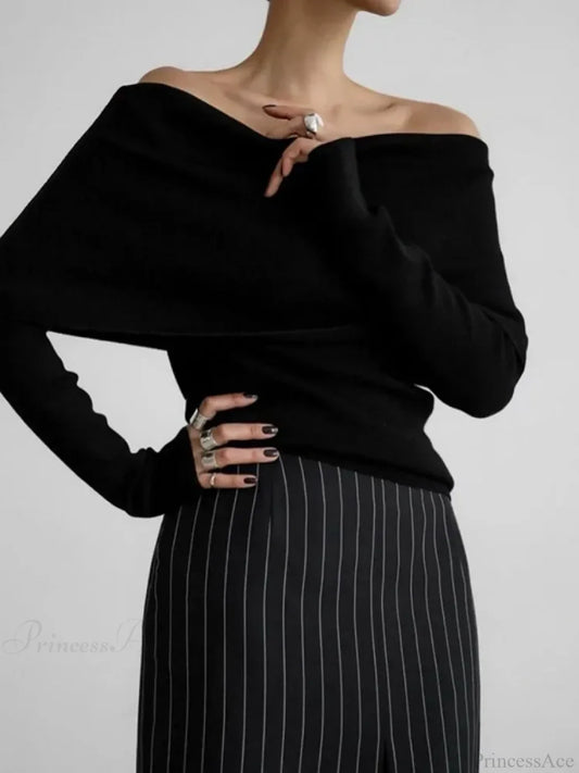 Off Shoulder Long Sleeve Skinny Sweater BLACK / S