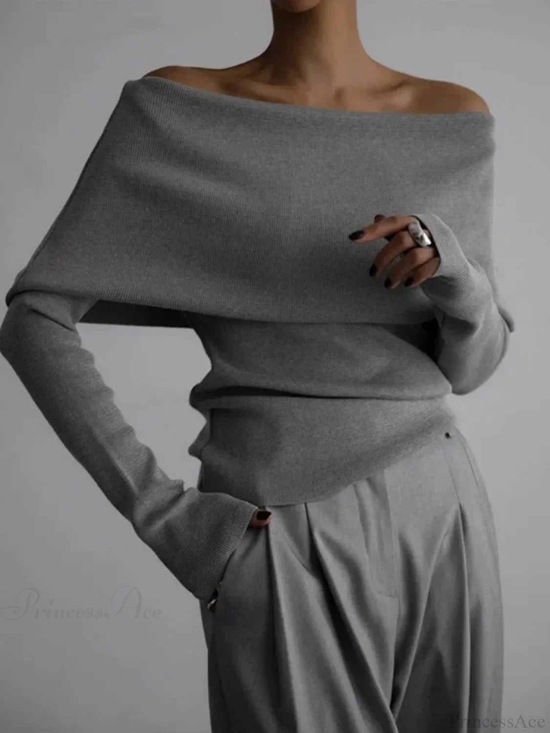 Off Shoulder Long Sleeve Skinny Sweater GRAY / S