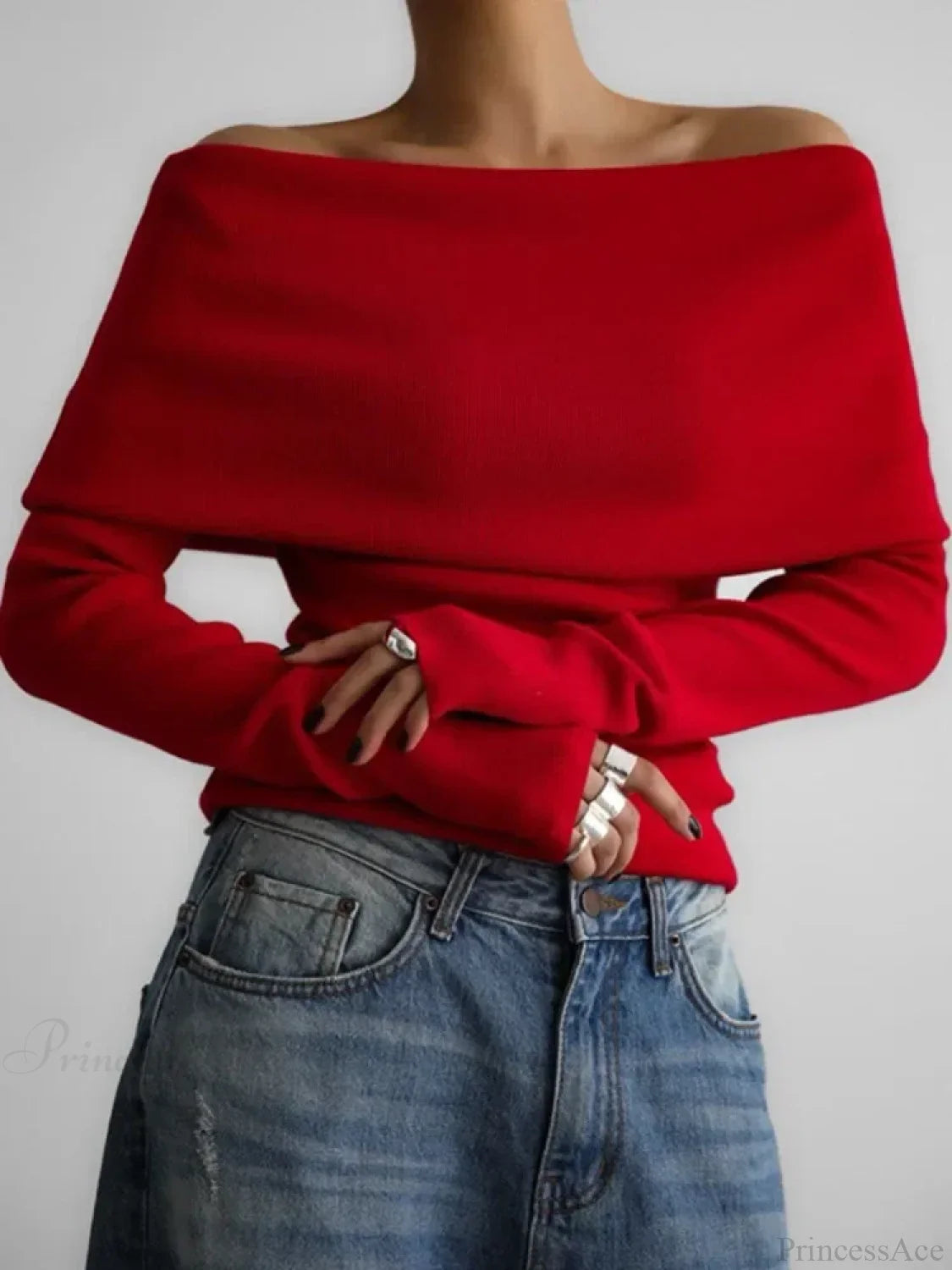 Off Shoulder Long Sleeve Skinny Sweater RED / S