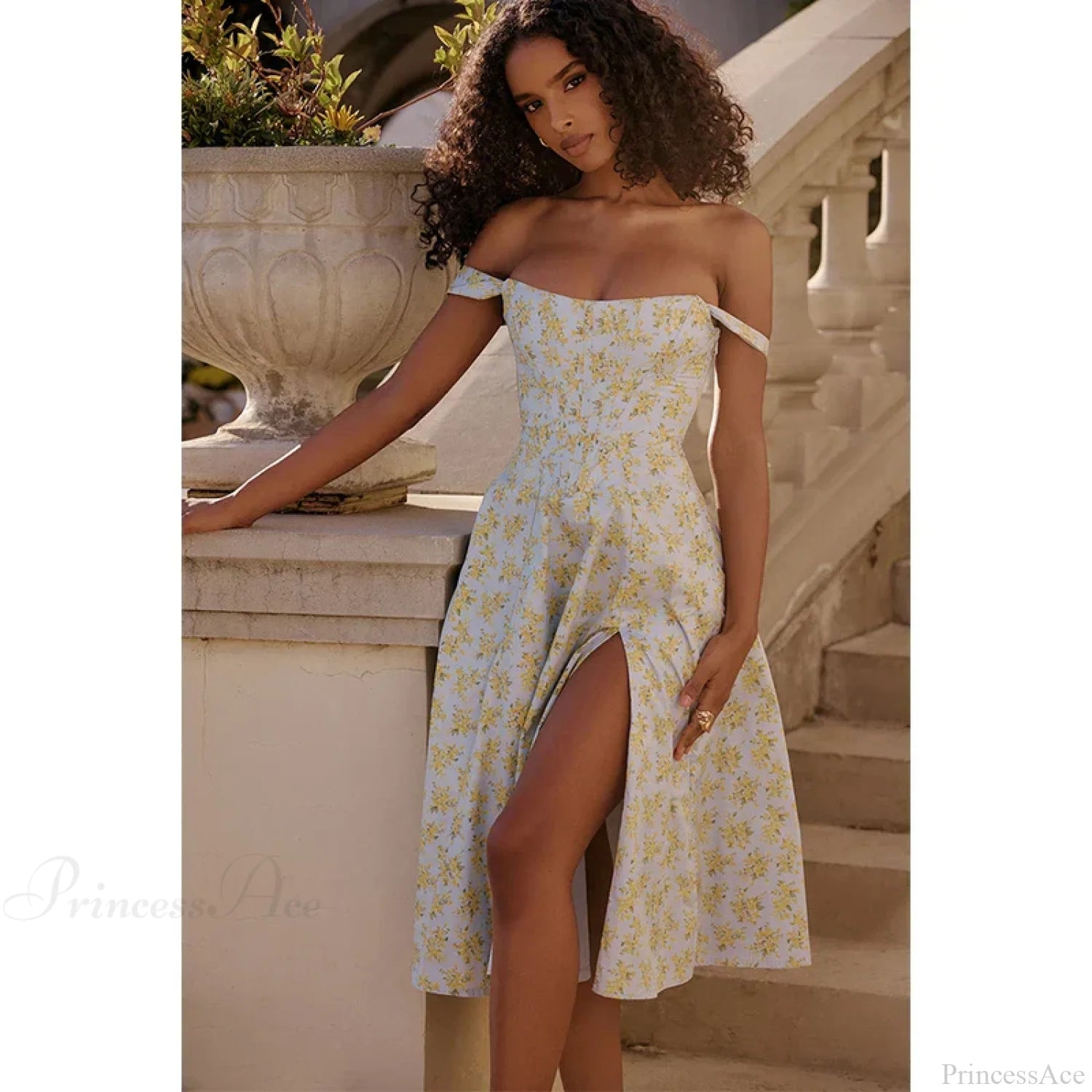 Off Shoulder Midi A-line Vacation Dress vacationdress-250223