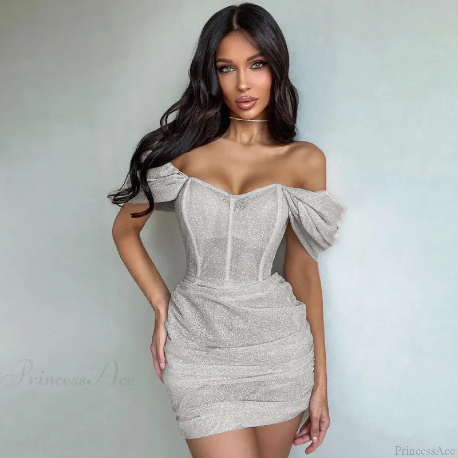 Off-Shoulder Pleated Mini Dress Silver / S minidress-250223