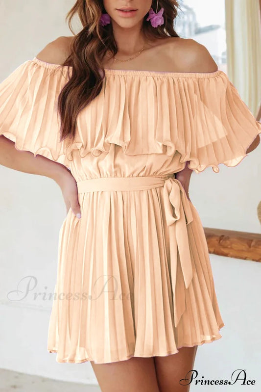 Off Shoulder Pleated Tie-Waist Rompers Apricot / S