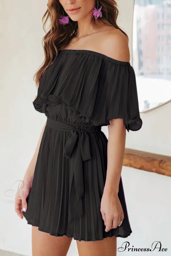 Off Shoulder Pleated Tie-Waist Rompers Black / M