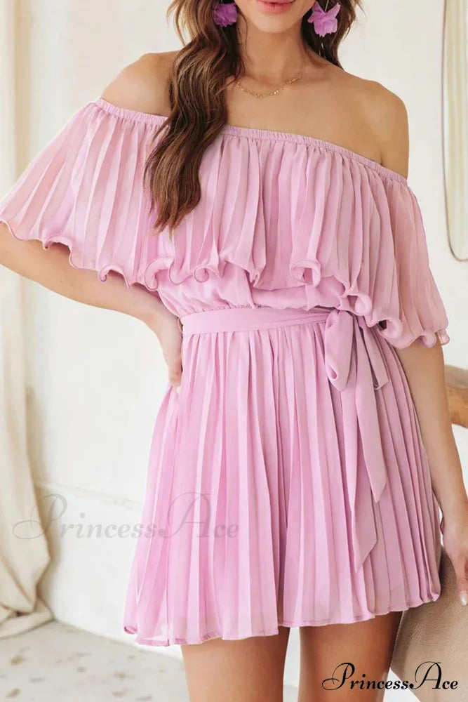 Off Shoulder Pleated Tie-Waist Rompers Light Purple / S