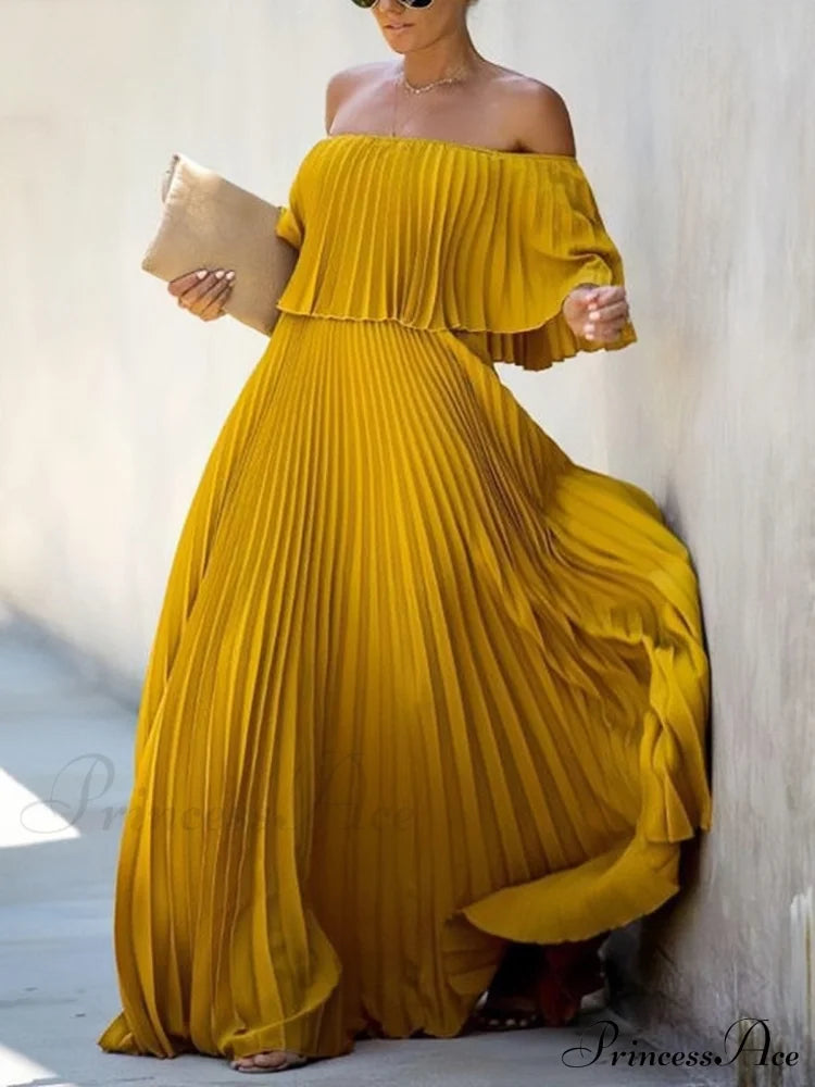 Off Shoulder Pleats Chiffon Maxi Dress For Summer S / Fuchsia Chiffon Pleats Off Shoulder Maxi Dress