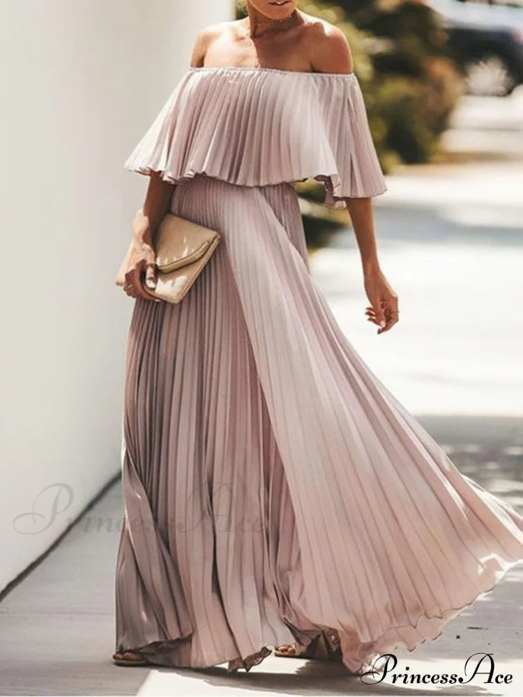 Off Shoulder Pleats Chiffon Maxi Dress For Summer S / Pink Chiffon Pleats Off Shoulder Maxi Dress
