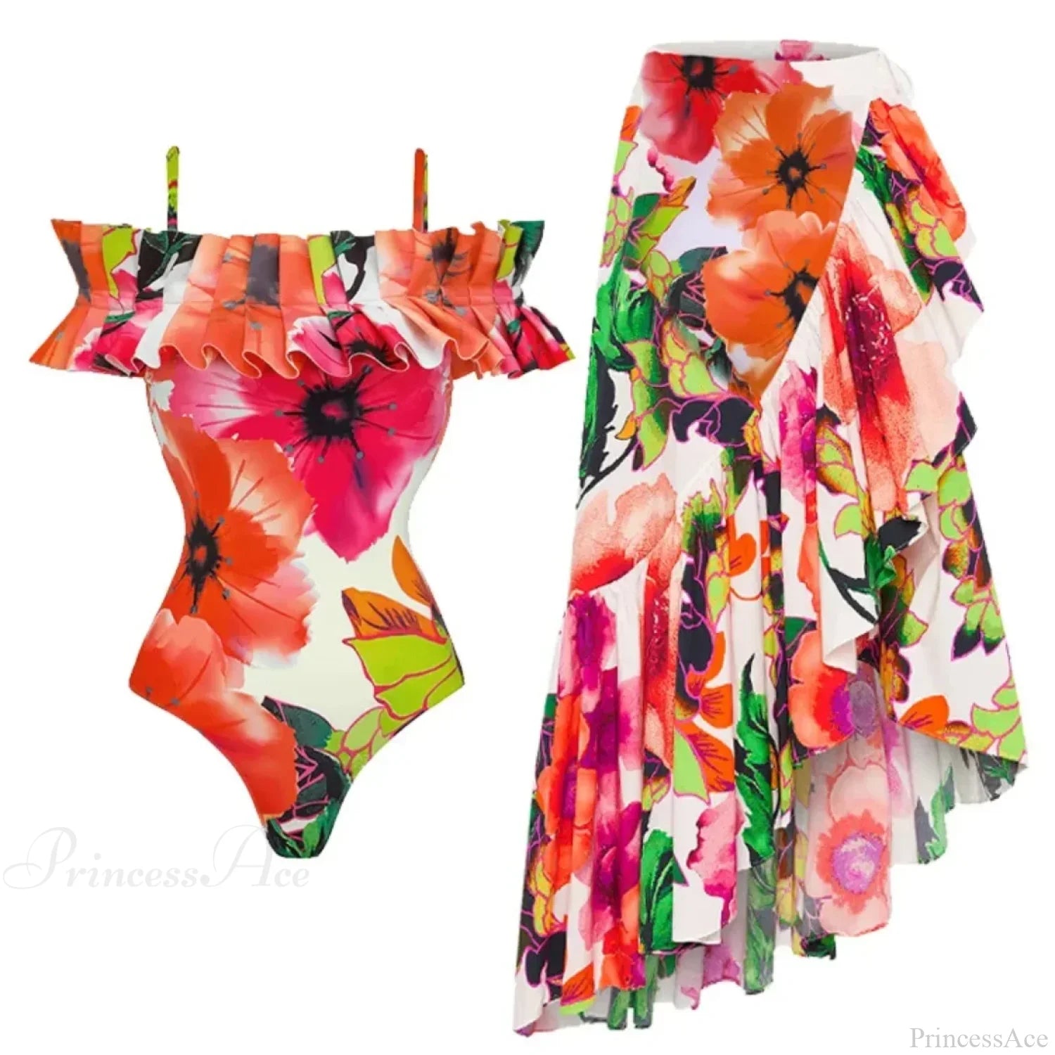 Off Shoulder Print Sarong Two Piece Set color7 / S
