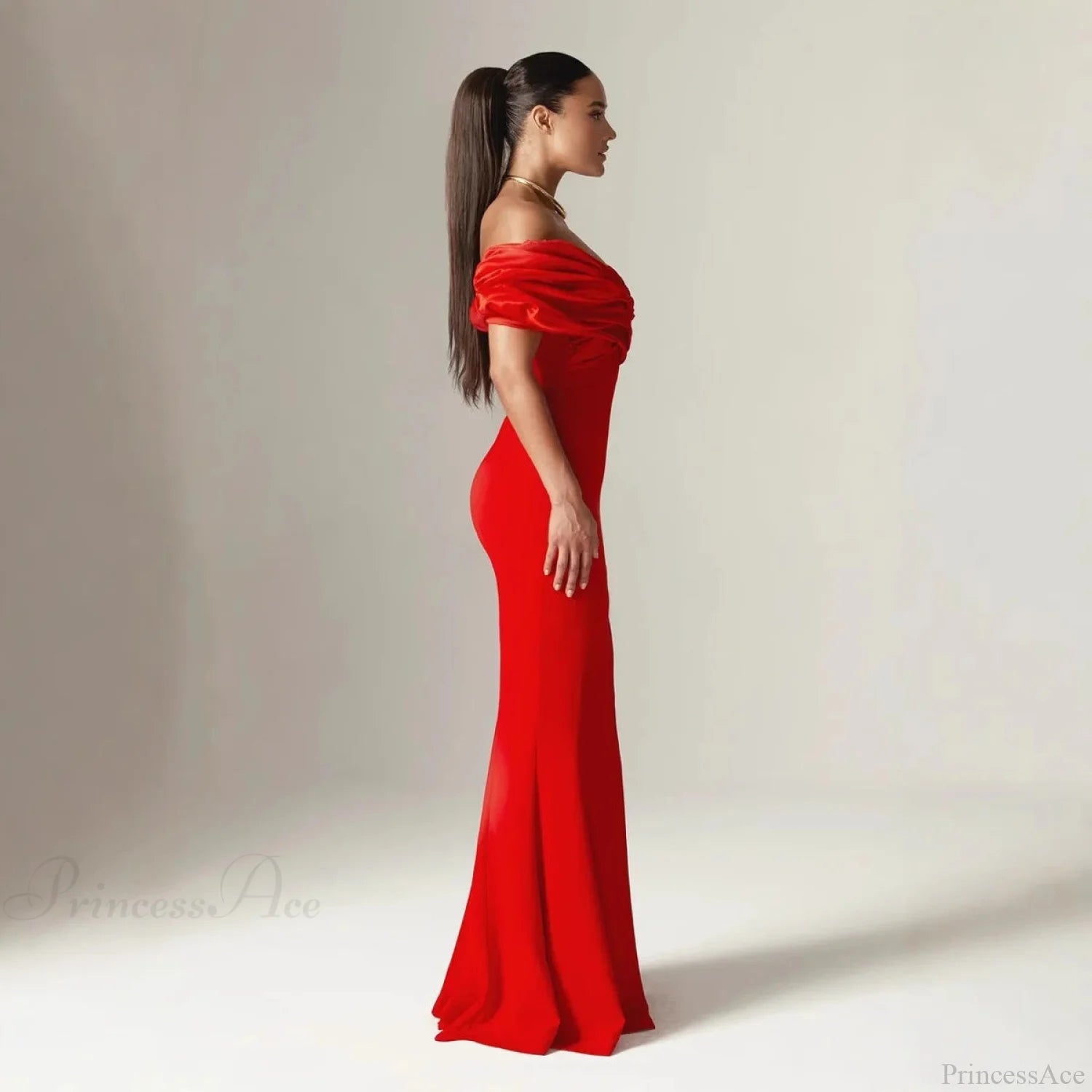Off Shoulder Ruched Slit Satin Maxi Prom Dress promdress-250223