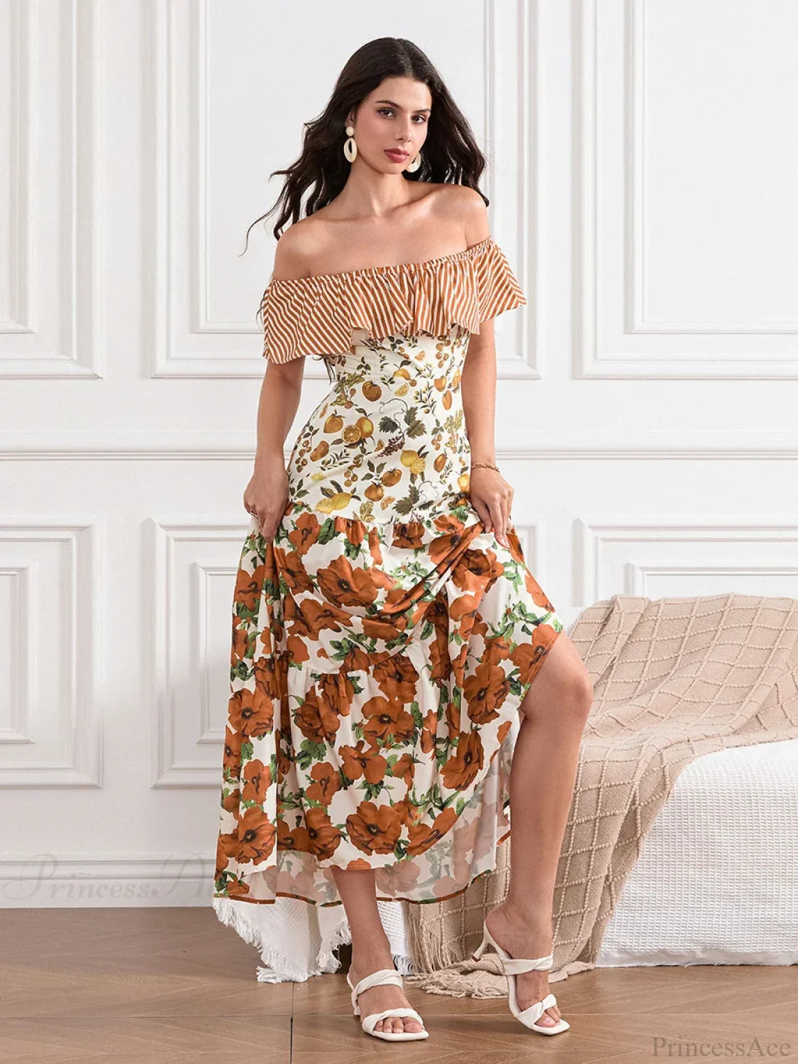 Off-Shoulder Ruffled Ruched Vintage Striped Fruit Flower Floral Dress floraldress-250126
