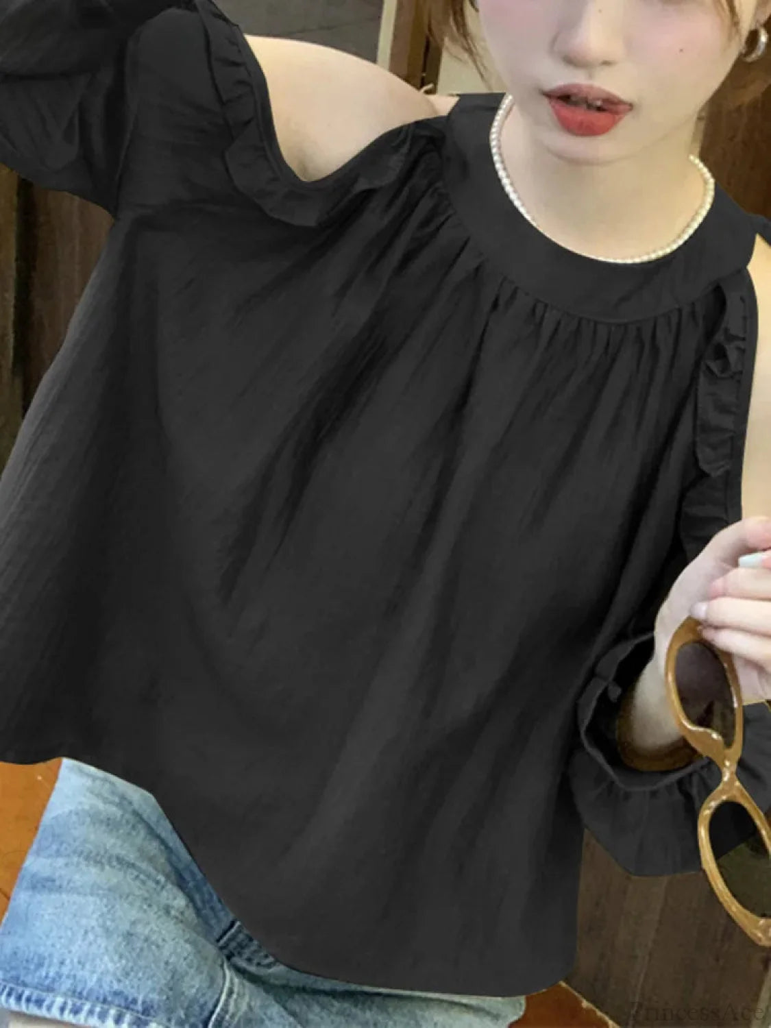 Off-Shoulder Ruffled Solid Blouse Black / S blouse-250126
