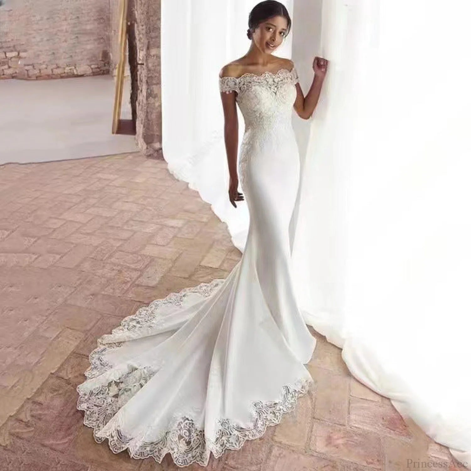 Off-Shoulder Satin Lace Mermaid Wedding Dress weddingdress-250223