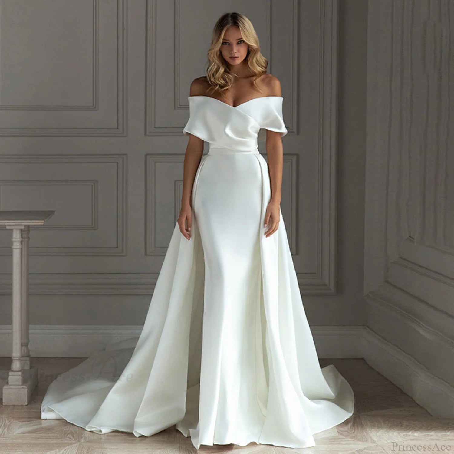 Off-Shoulder Satin Tail Wedding Dress White / XS weddingdress-250223