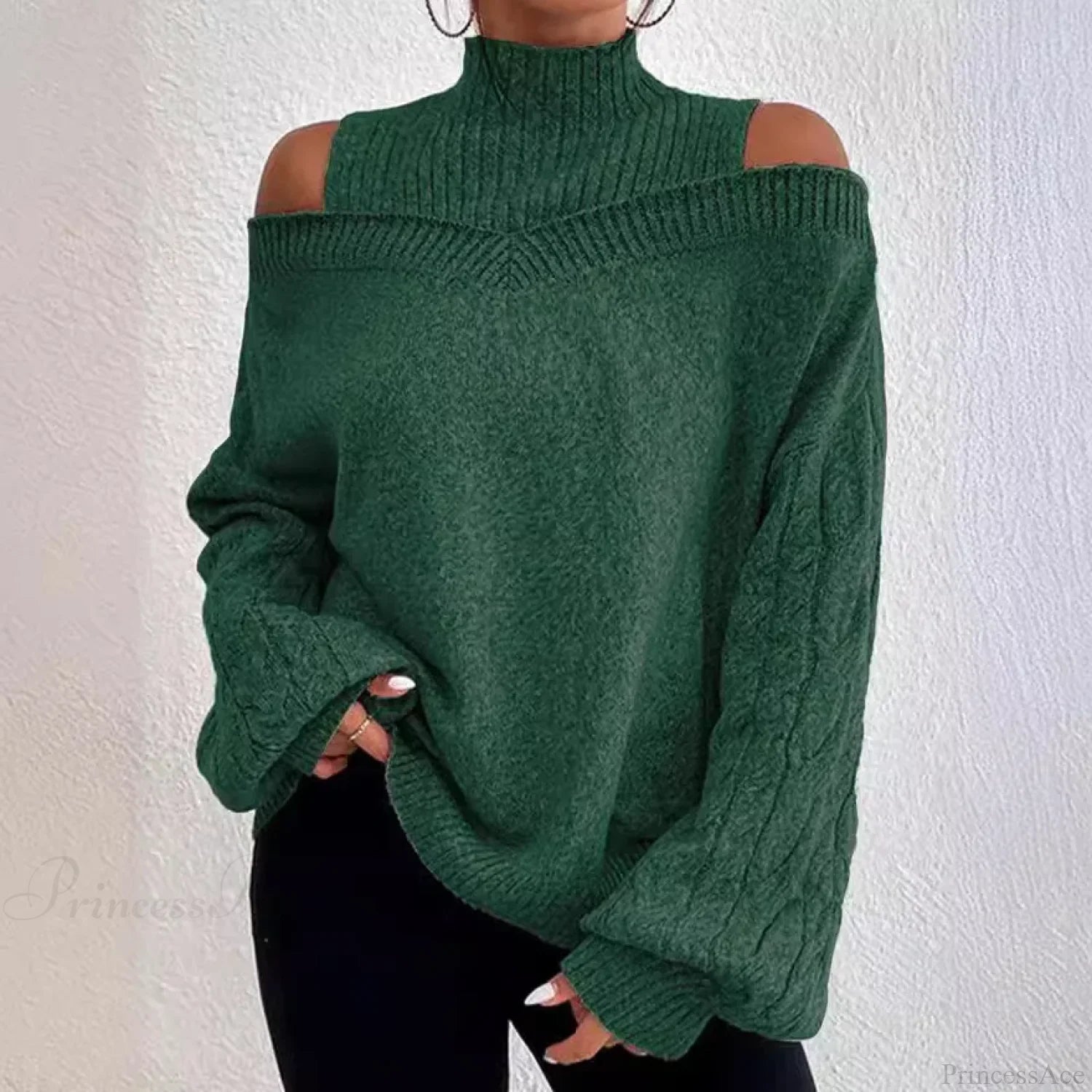 Off Shoulder Semi High Neck Knit Sweater