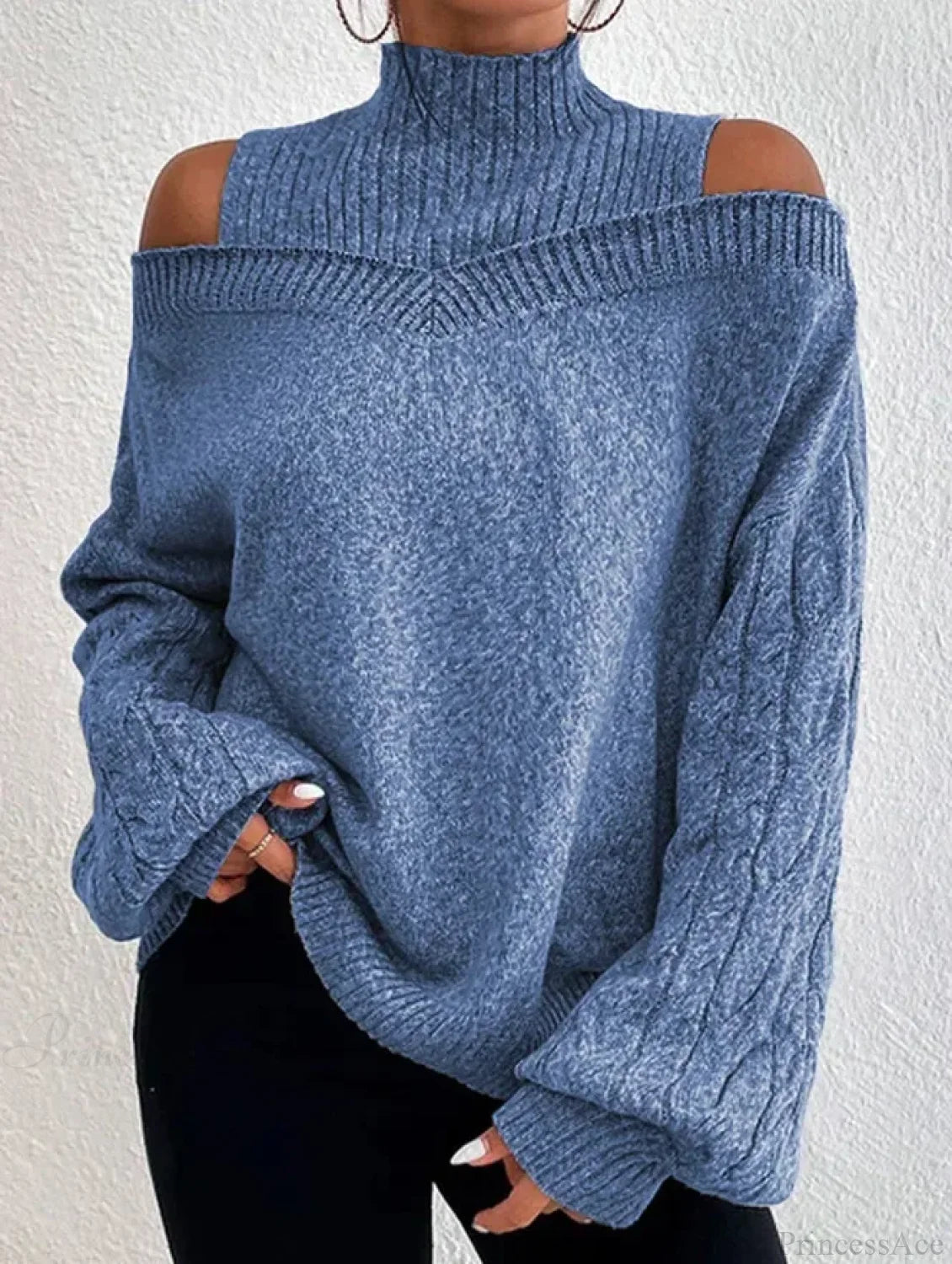 Off Shoulder Semi High Neck Knit Sweater blue / S