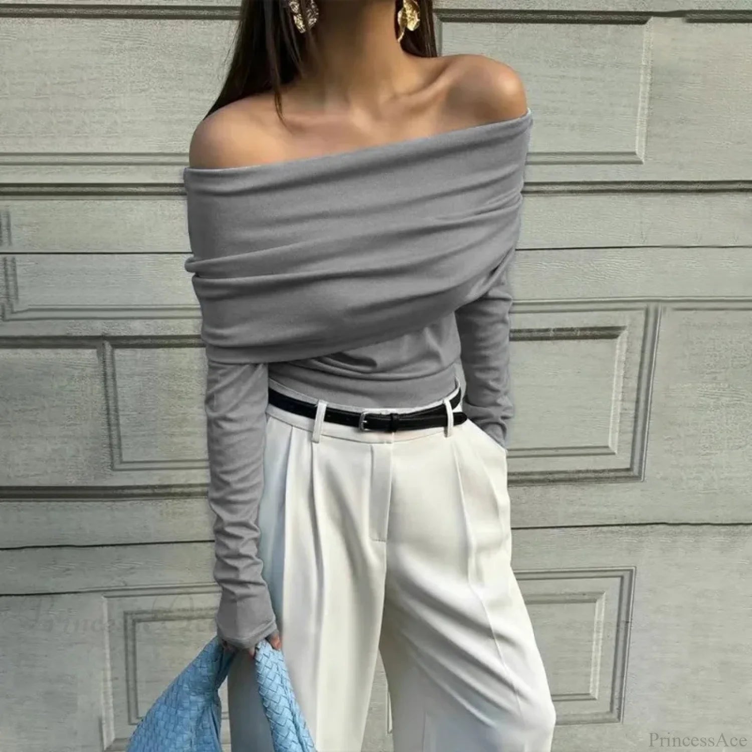 Off-Shoulder Slim Long Sleeve Pleated Sweater