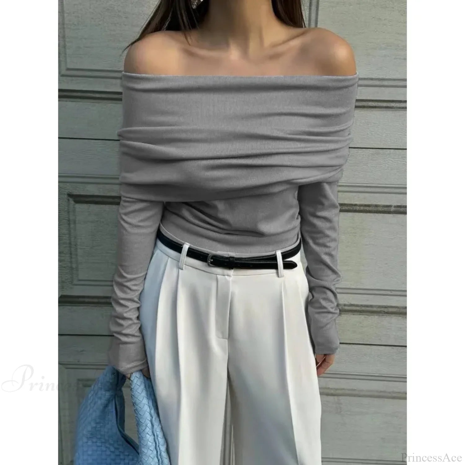 Off-Shoulder Slim Long Sleeve Pleated Sweater GRAY / S