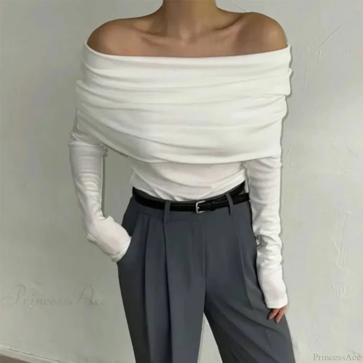 Off-Shoulder Slim Long Sleeve Pleated Sweater WHITE / S