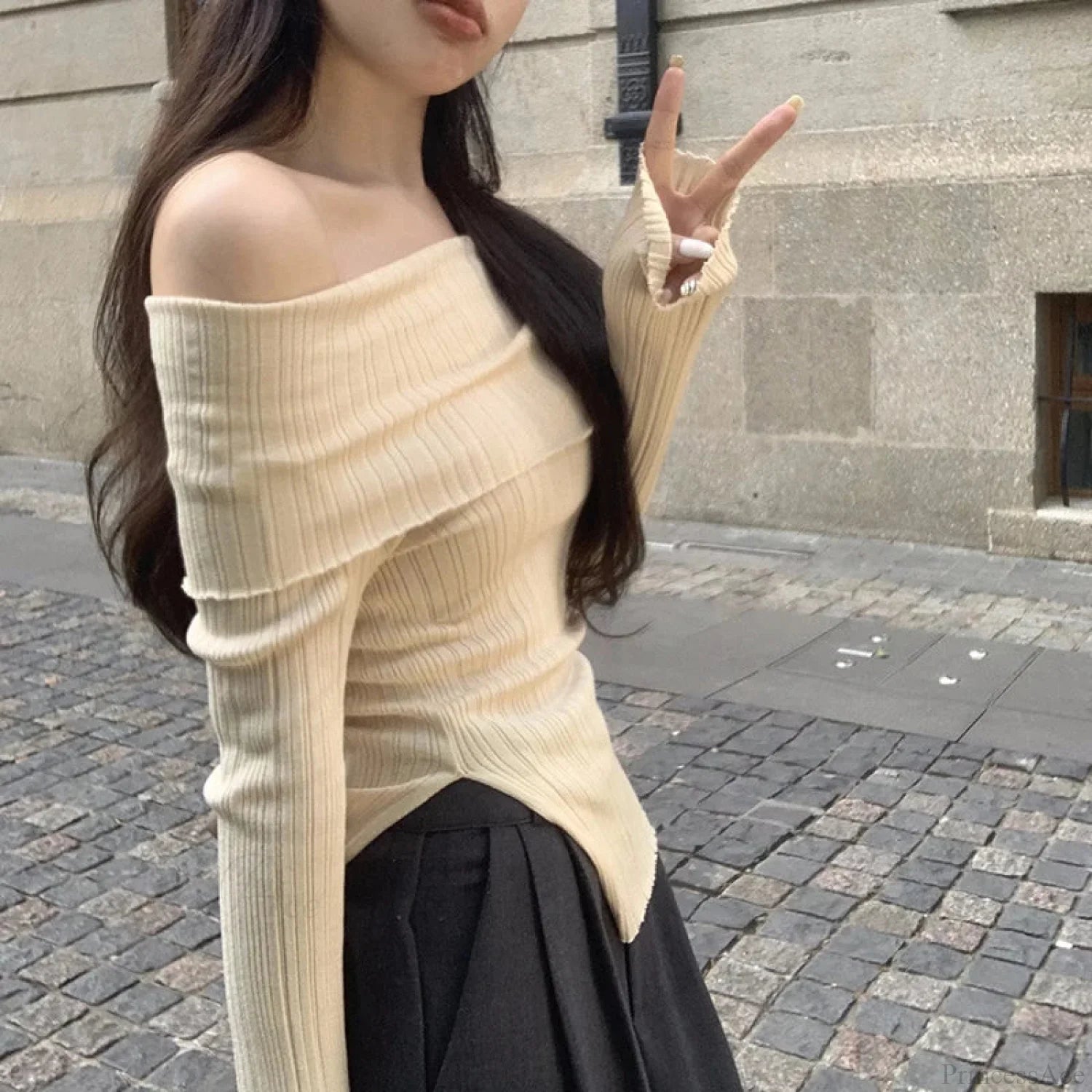Off Shoulder Slim Slash Neck Long Sleeve Knit Top knittop-250126