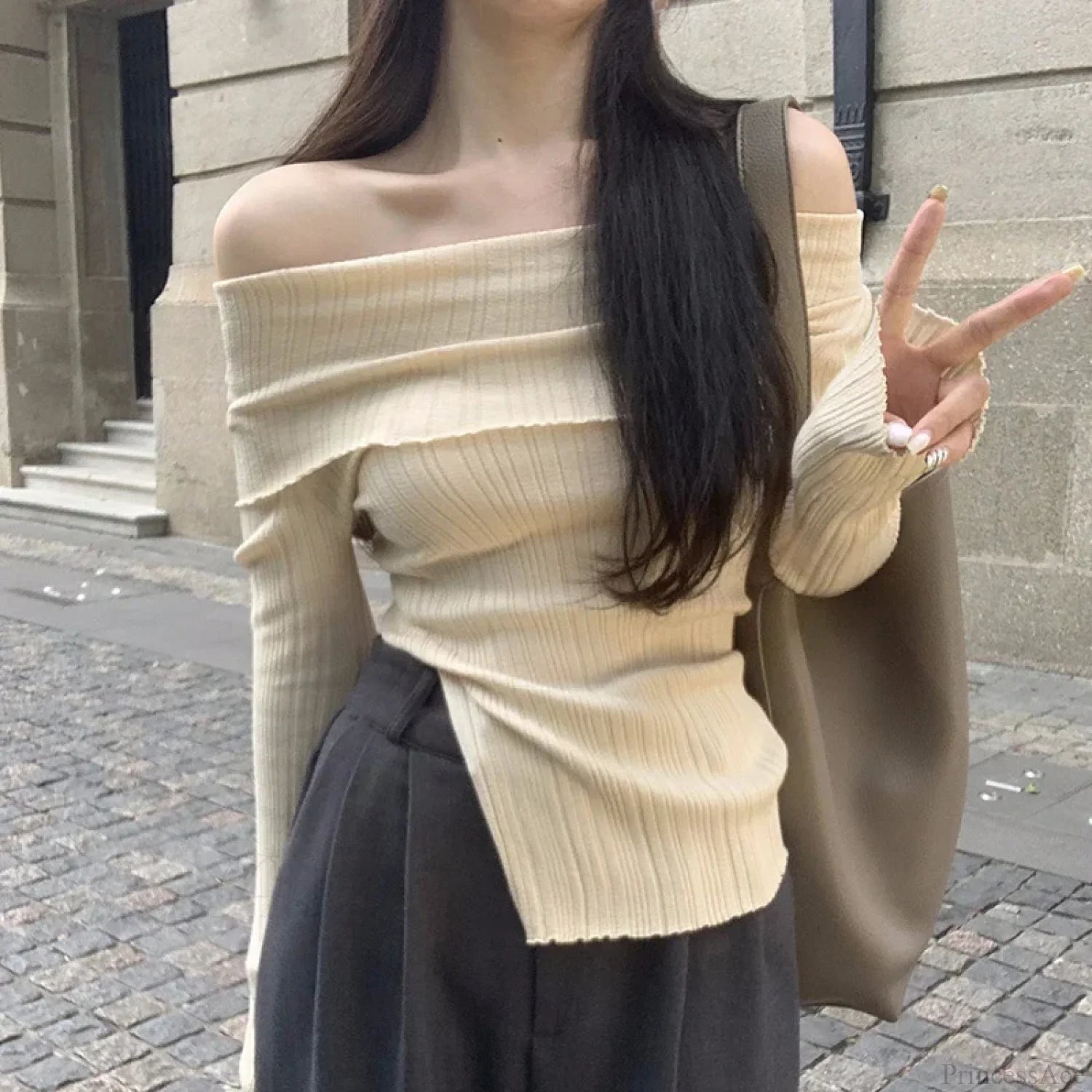 Off Shoulder Slim Slash Neck Long Sleeve Knit Top knittop-250126