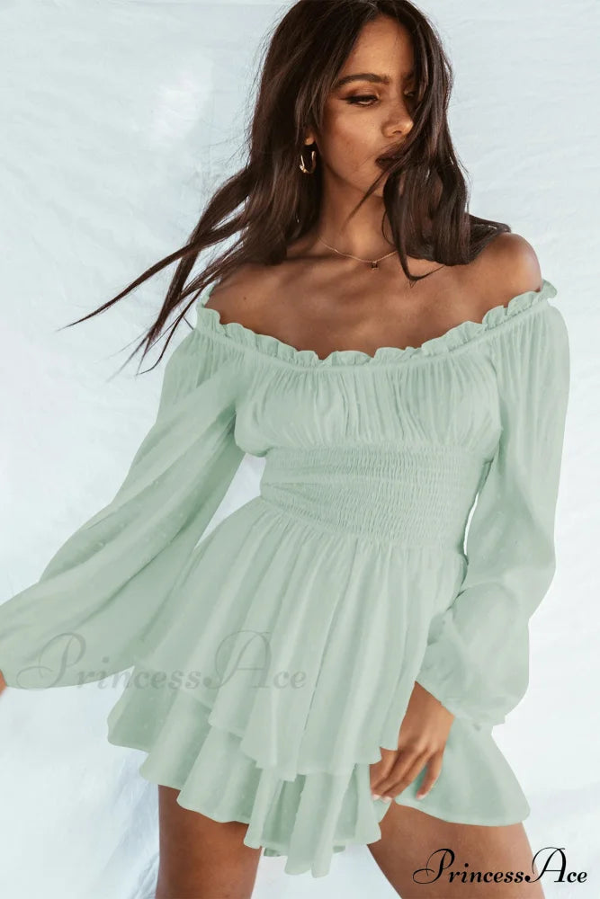 Off Shoulder Smocked Tiered Romper Green / S Rompers