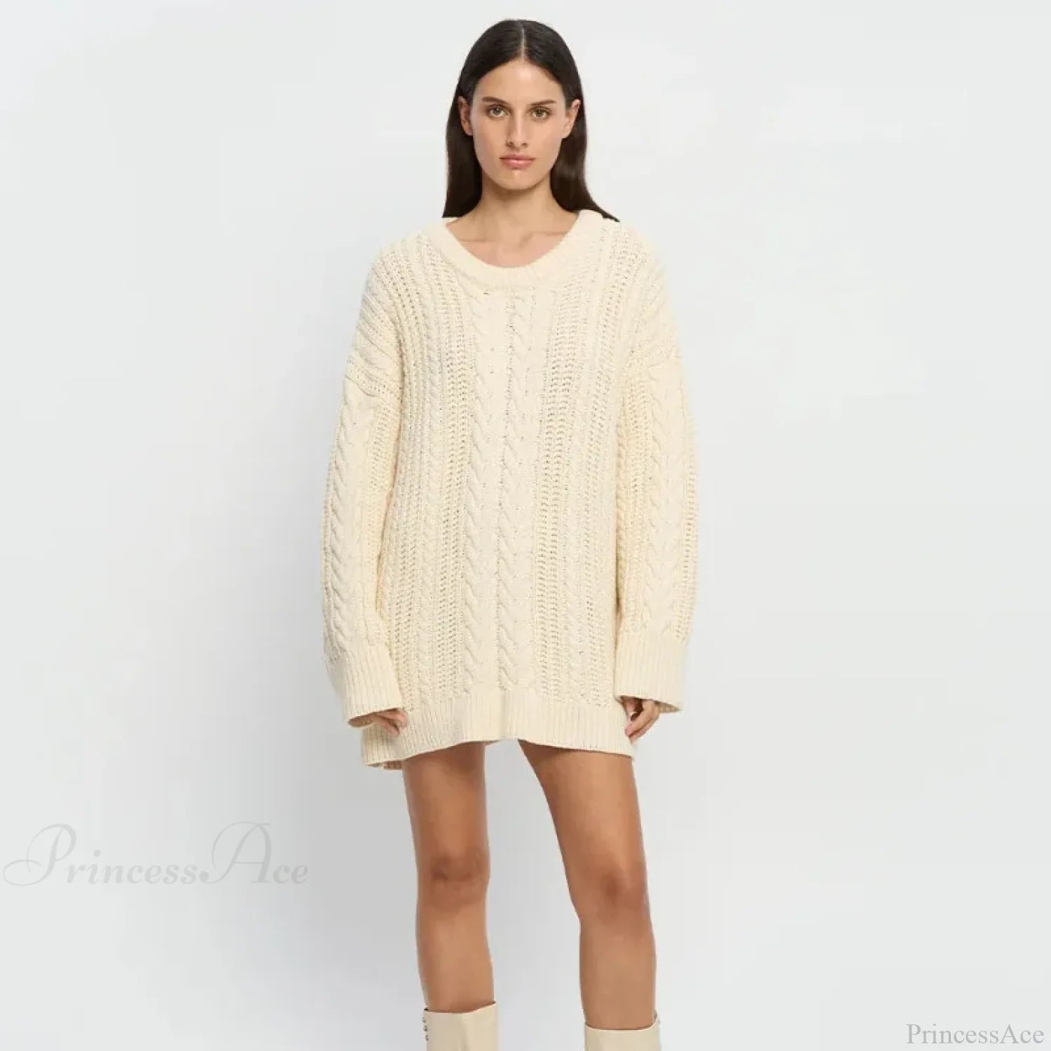 Off-Shoulder Solid Long Sleeve Knitted Sweater Apricot / One Size