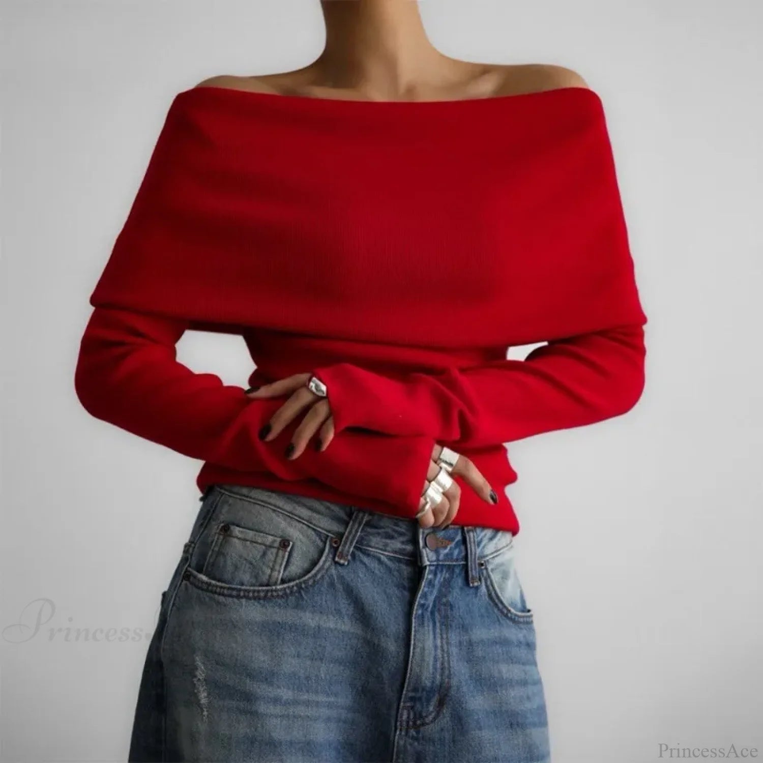 Off-Shoulder Solid Long Sleeve Knitted Sweater Red / S