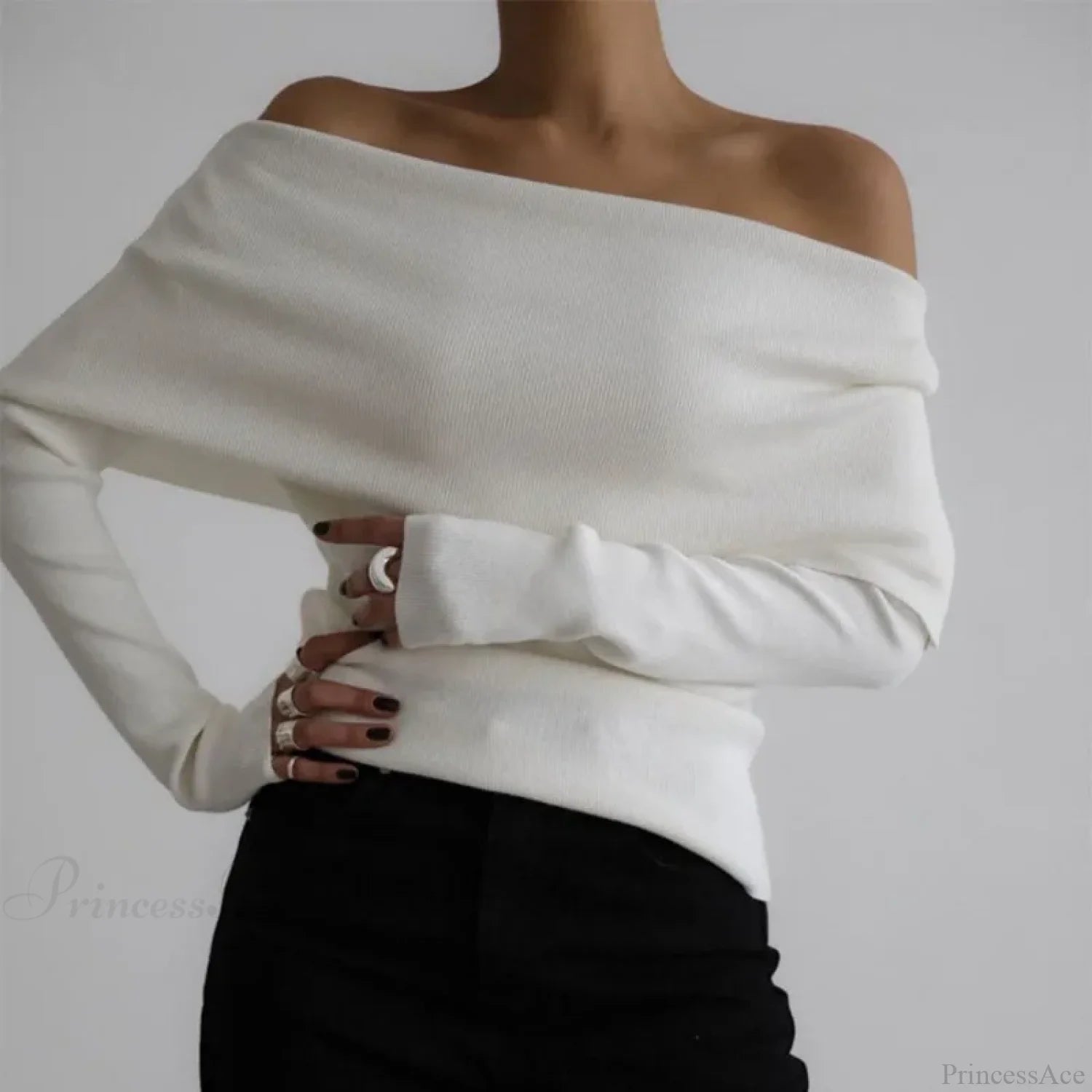 Off-Shoulder Solid Long Sleeve Knitted Sweater WHITE / S