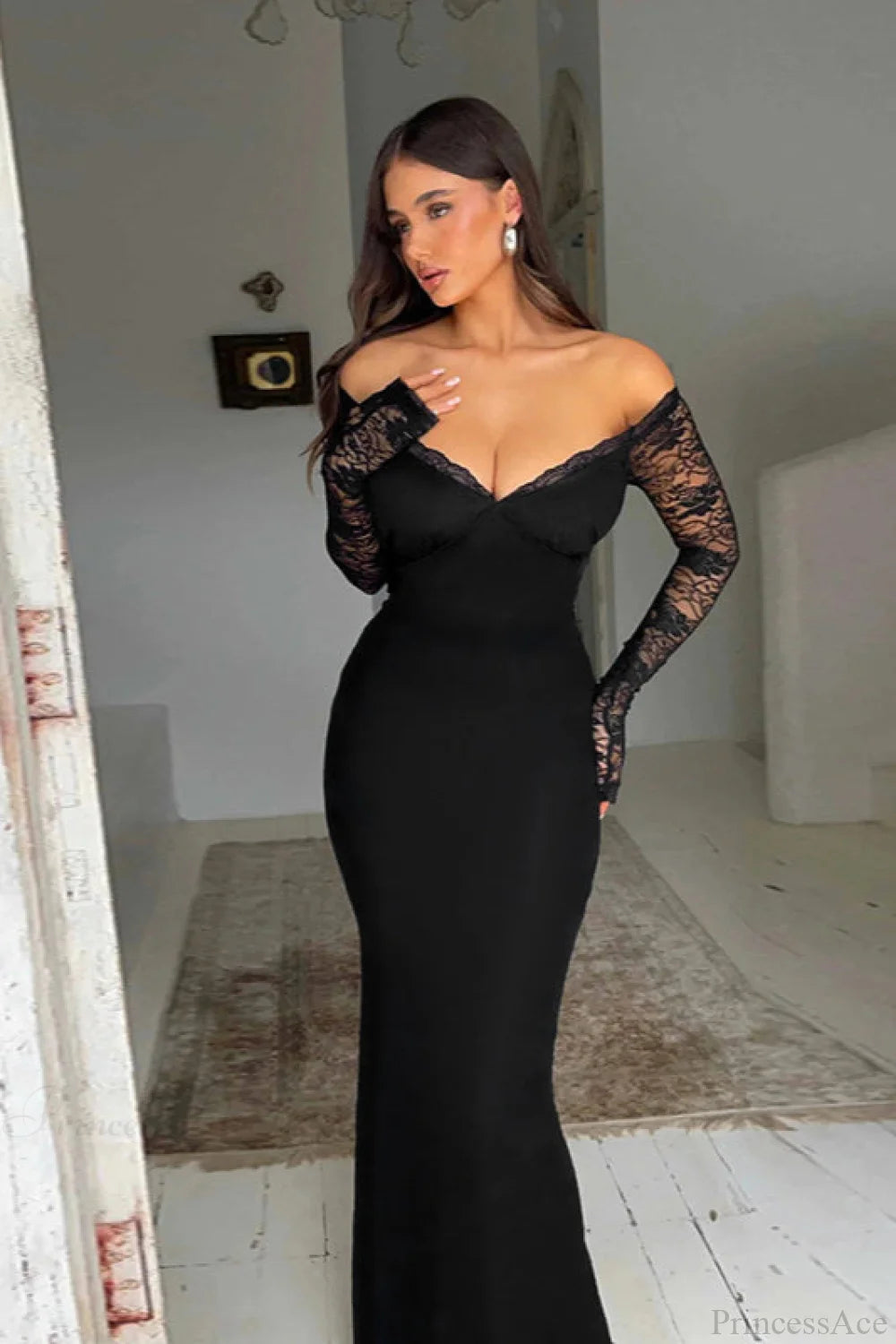 Off Shoulder Spliced Lace Trim Maxi Dress