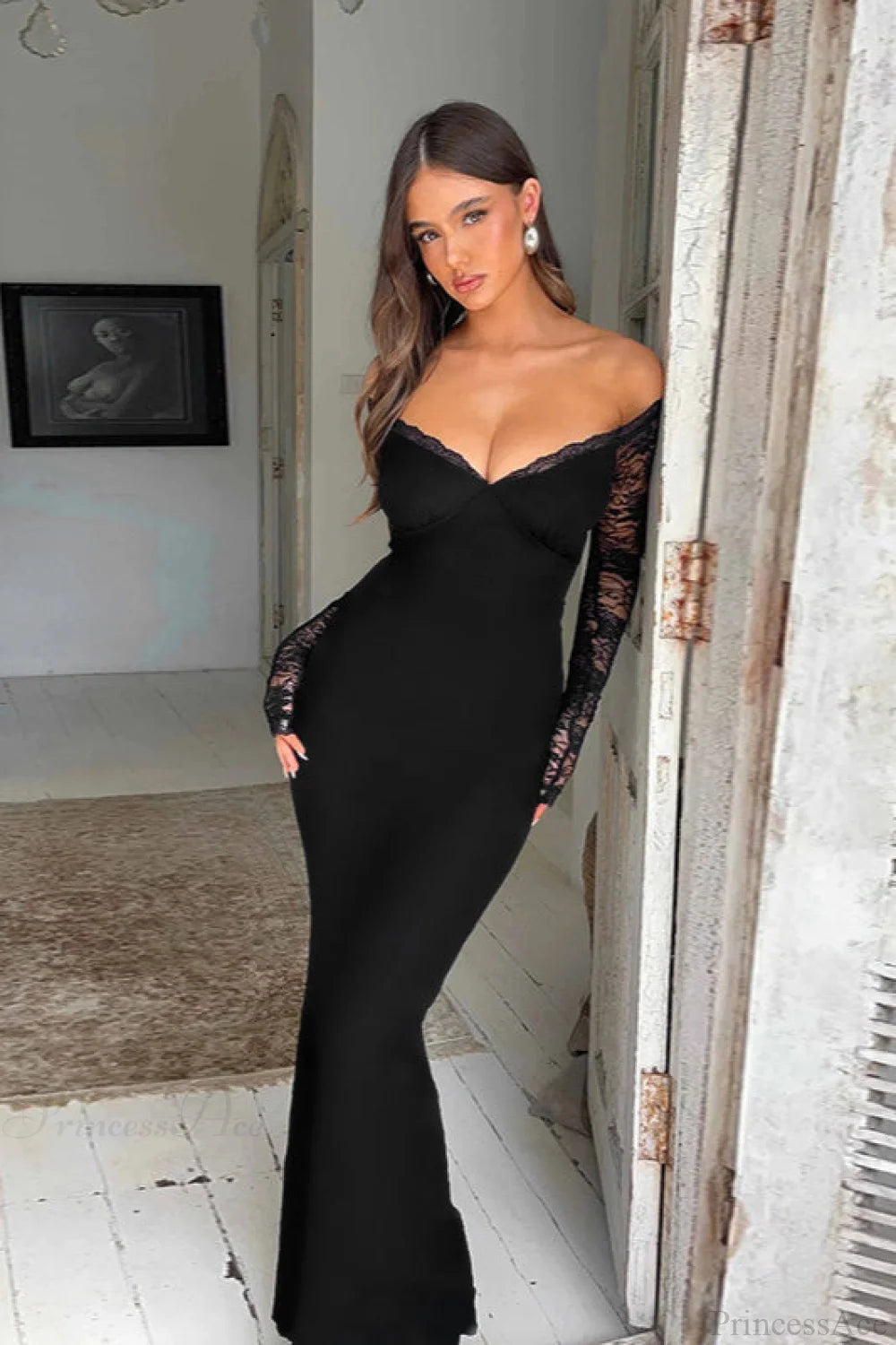 Off Shoulder Spliced Lace Trim Maxi Dress Black / XS