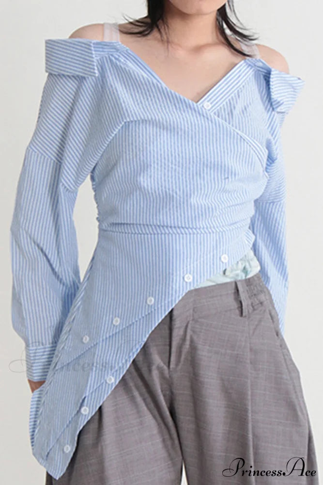 Off Shoulder Striped Blouse With Irregular Long Sleeves Blue / Xl Blouses