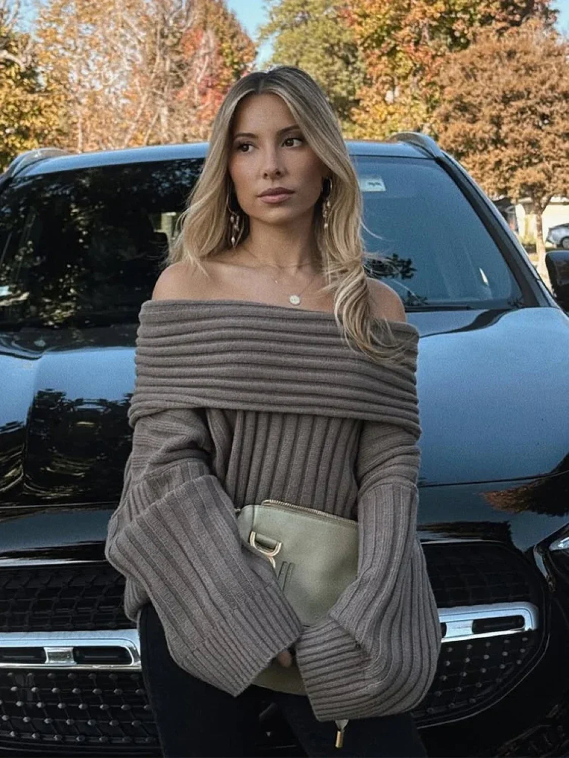 Off Shoulder Striped Long Sleeve Sweater