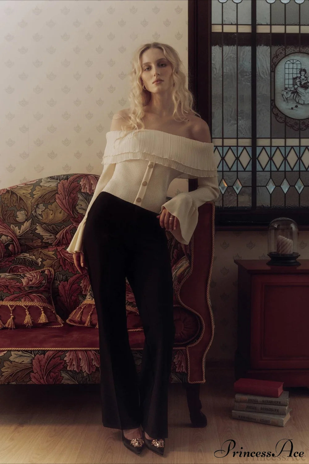 Off-the-Shoulder French Button-Panel Knit Sweater