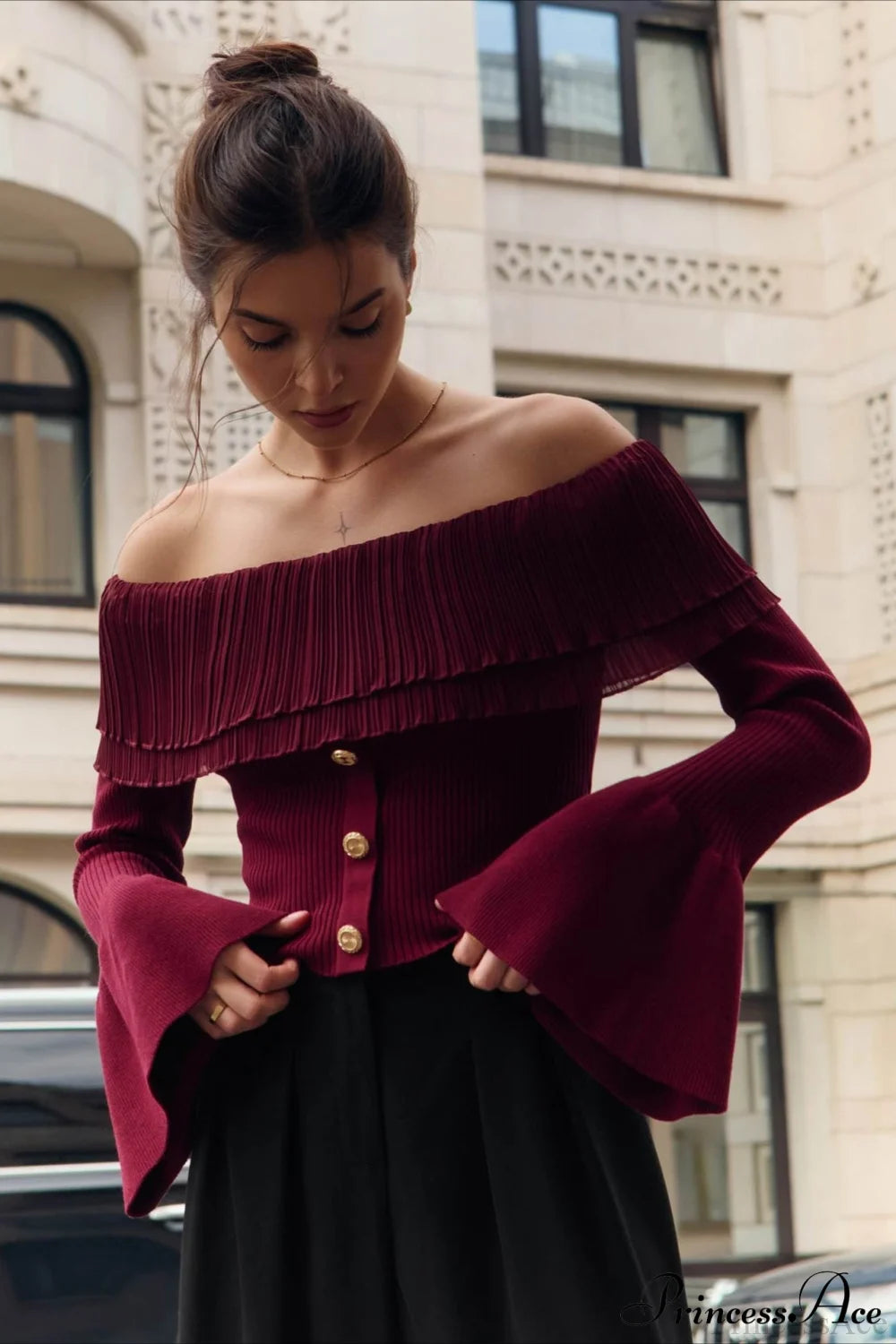 Off-the-Shoulder French Button-Panel Knit Sweater