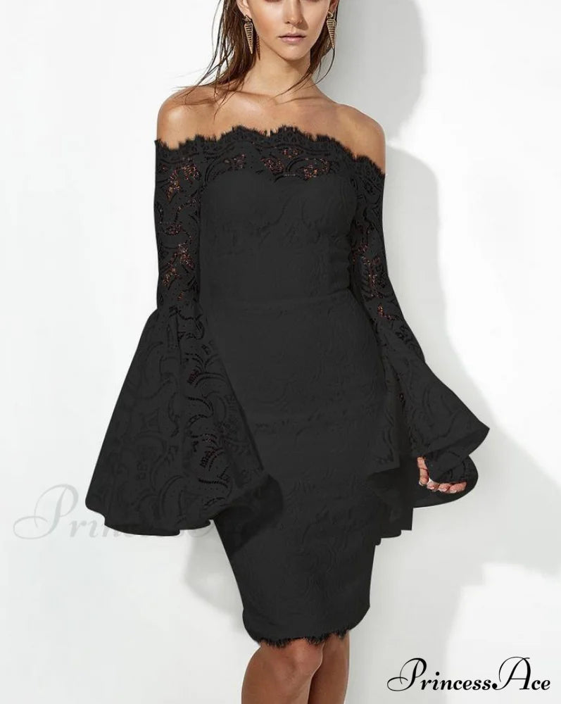 Off-The-Shoulder Midi Dress With Lace Long Sleeves Black / S Dresses
