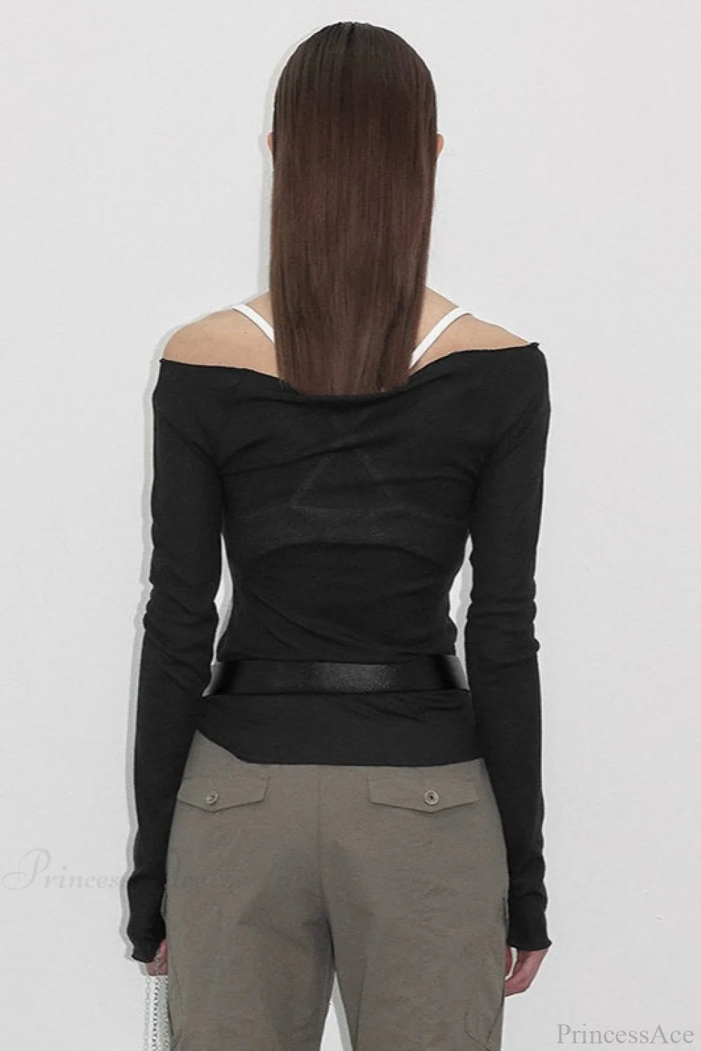 Off-the-shoulder Sheer Mesh Knit Printed Long Sleeve Tee