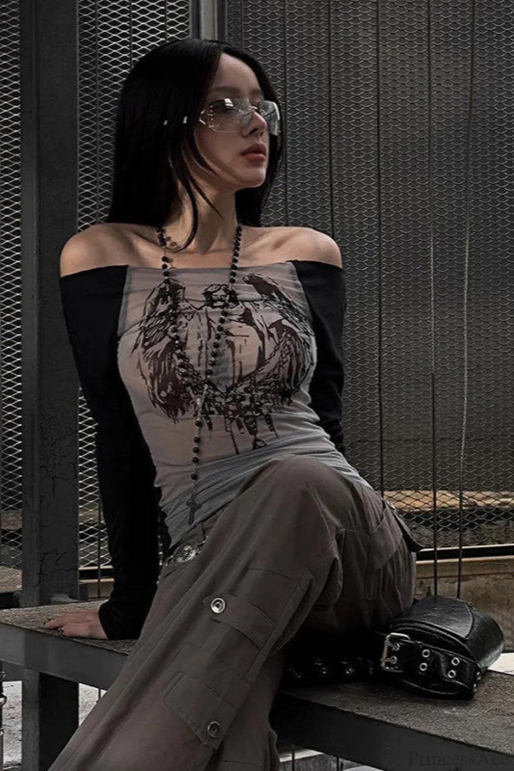 Off-the-shoulder Sheer Mesh Knit Printed Long Sleeve Tee