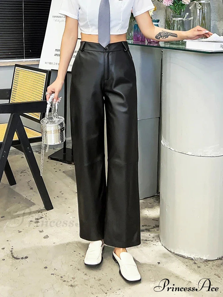Office Lady Casual Real Sheepskin Wide Leg Genuine Leather Loose Fit Pants