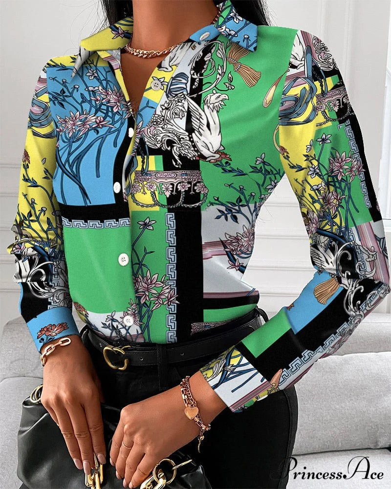 Office Lady Print Button Shirts 3 / S