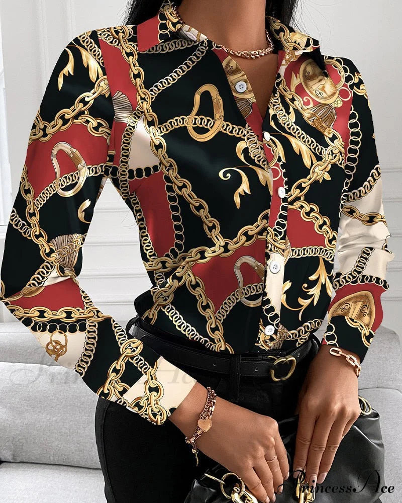 Office Lady Print Button Shirts 5 / S