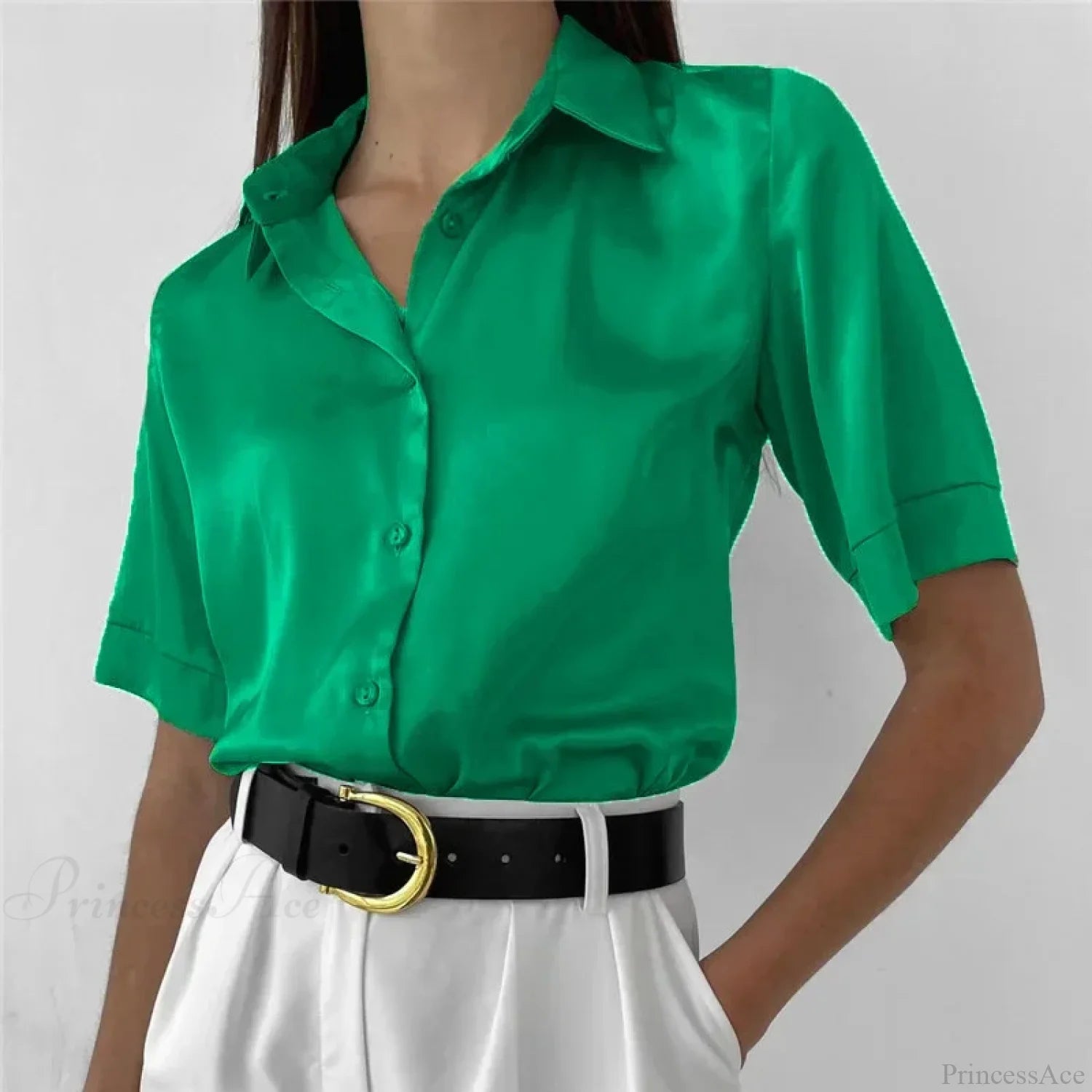 Office Short Sleeve Satin Green Blouse Green / S blouse-250223