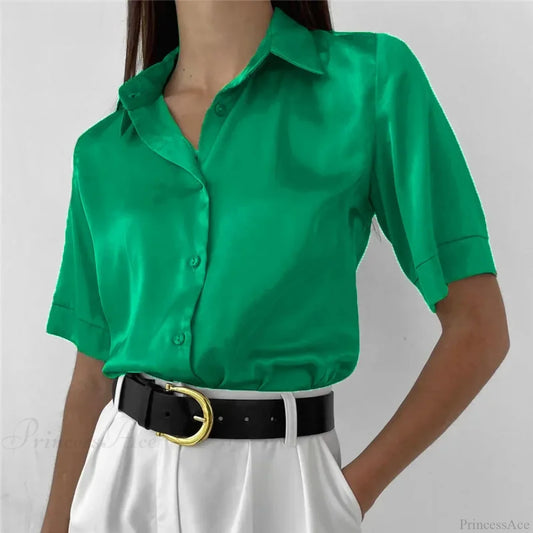 Office Short Sleeve Satin Green Blouse Green / S blouse-250223